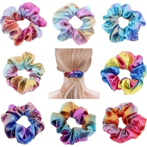 2021 Fashion Rainbow Colorful Scrunchies Elastic Hair Bands Glitter Ponytail Holder Hair Ties Rope Women Girls Hair Accessories