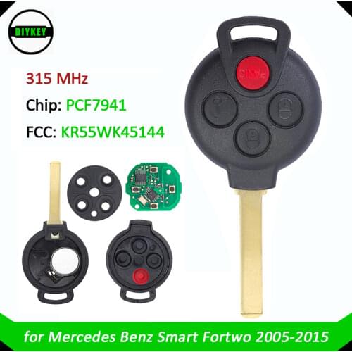 DIYKEY 4 Buttons Remote Smart Car Key 315MHz PCF7941 FCC: KR55WK45144 for Mercedes Benz 2005-2015 Smart Fortwo KR55WK45144