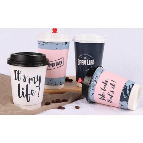 50pcs European style creative disposable coffee cup party favor double layer hollow anti hot drink paper package cup with lid