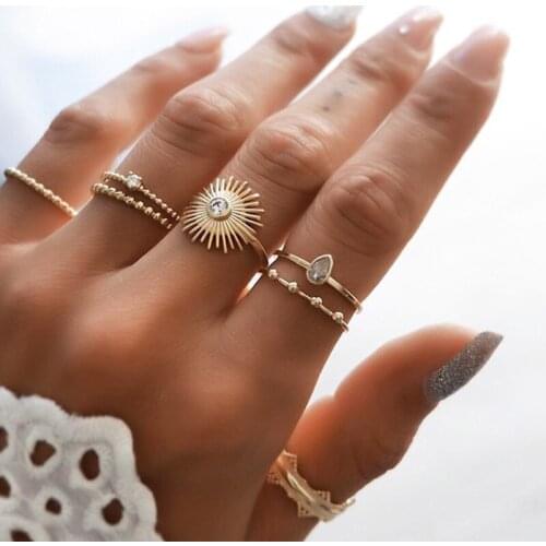 7 pcs/sets Boho Vintage Gold Color Geometric Sunshine Crystal Rings Set for Women Bohemian Party Finger Rings Jewelry Gifts 2020