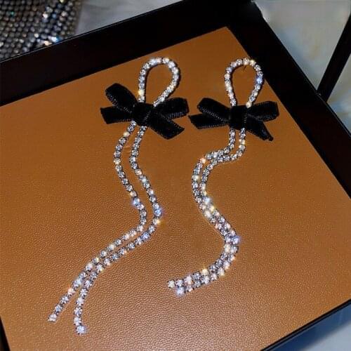 Korean Fashion Ribbon Bow. Metal Crystal Tassel Vertical Long Earrings. Wedding Jewelry. Wholesale