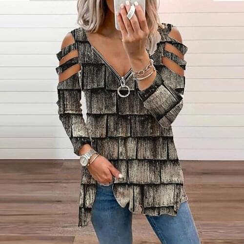 Vintage Women Blouse Hollow Out Casual Harajuku Geometric Printed Zipper Long-sleeved V-neck Top Blouse Shirts Plus Size Топ