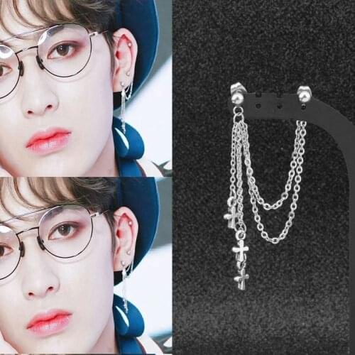 Unisex Punk Ear Clip Cuff Earrings Crosses Tassel Long Chain Stainless Steel Rock Stud Earring for Men Women Grunge Accessories