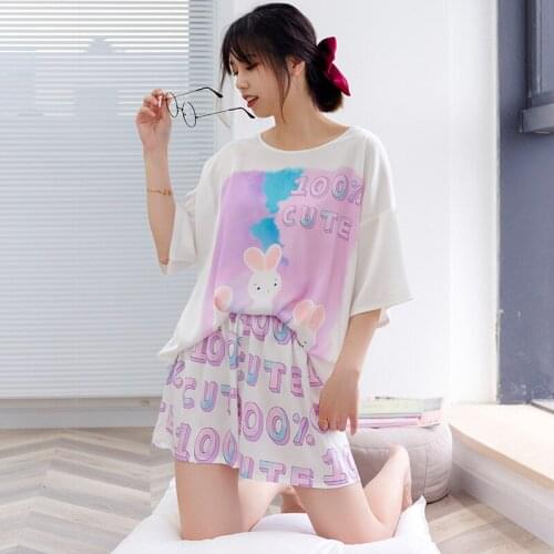 Two Piece Satin Casual Pajamas O Neck Short Sleeve Shirt and Shorts Silky Sleepwear For Women Kawaii Cute Nightwear Homewear