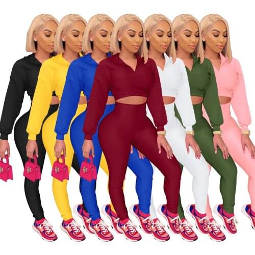 Adogirl 2 Piece Sets Women Sports Fitness Suit Fall Winter Matching Sets Solid Tracksuit Long Sleeve Crop Top + Leggings Outfits