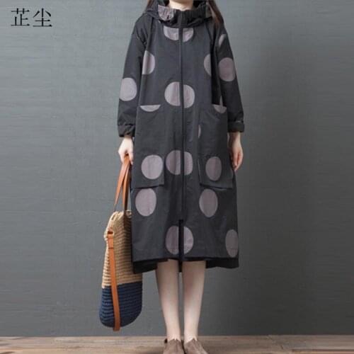 Plus Size Jackets Women Coat 2019 Autumn Winter New Korean Polka Dot Windbreaker Hooded Long Jacket Coats Chaquetas Mujer 5XL