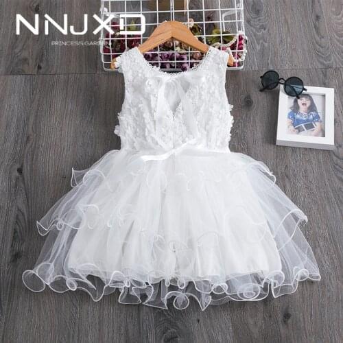 Summer Full White Christening Dress for Girls Floral Lace Layered Dress Baby Girl Birthday Party Dress Wedding Clothes Vestido
