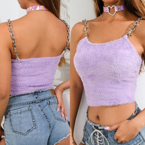 Fashion Women Tank Top Summer Casual Sleeveless Plush Camis T-Shirt Sleeveless Fur Metal Chain Strappy Vest Streetwear
