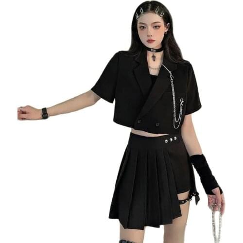Fashion Suit Female 2021 Summer New Skirt Suits Design Small Suit Short Sleeve Lapel Loose Short Coat + Pleated Skirt