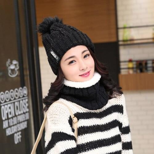 Fashion Women Knitted Wool Scarf Hat Pompom Cap Set Warm Winter + Scarf + Mask keep warm and windproof Dropshipping