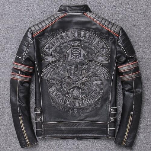 2021 Genuine Cowhide Jacket Mens Black Skull Embroidered True Leather Jacket Motorcycle Coat Male