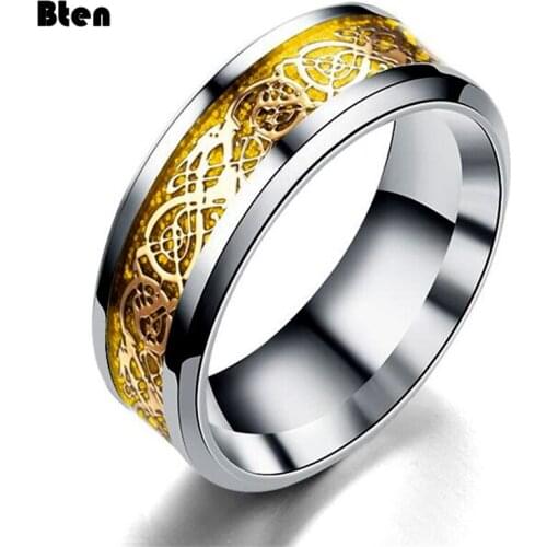 Bten Men Ring Jewelry Blue Black Dragon Inlay Comfort Fit Stainless Steel Rings for Men Wedding Ring Wide 8mm