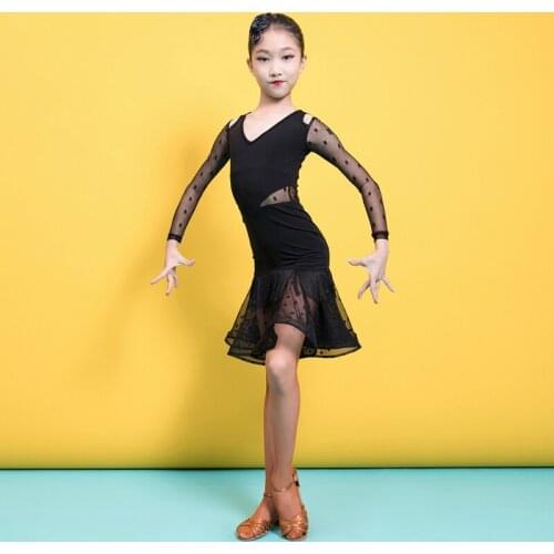 New Latin Dance Practice Clothes For Girls Long Sleeve Mesh Fringe Dress Professional Kids Latin Competition Clothing VO881