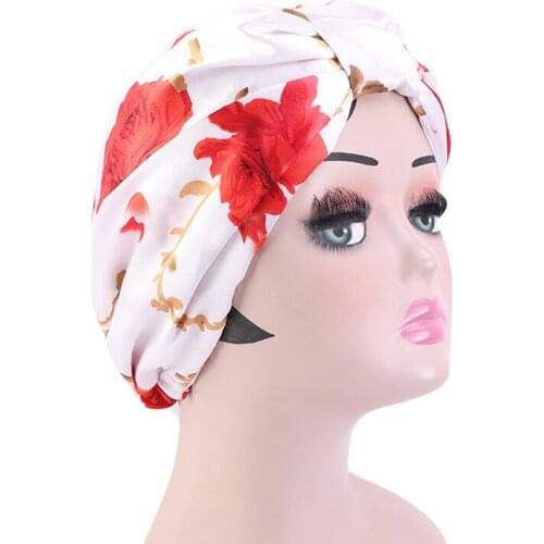 New Satin Floral Print Double Layer Bonnet With Elastic Band Night Sleep Cap For Women Hair Care Hat Chemo Cap Soft Headcover