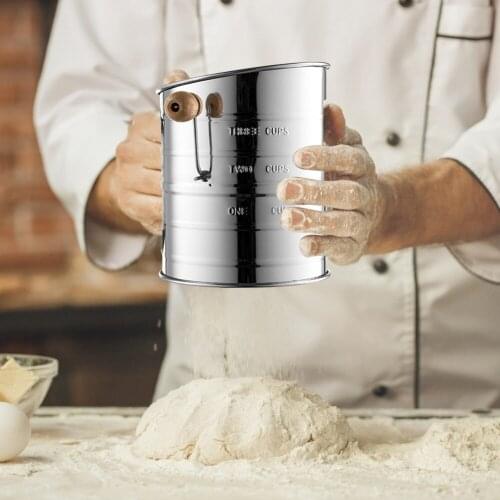 Single Layer Mesh Hand Screened Powder Sieve Strainer Semi Auto Flour Sieve Cup Crank Flour Sifter Kitchen Gadget