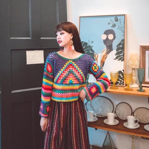 Womens original ethnic style handmade crochet sweater jacket retro long-sleeved pullover knit top