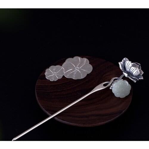 Women S925 Sterling Silver Vintage do old Hetian jade lotus hairpin female lotus Hair Sticks Original Handmade Vintage Jewelry