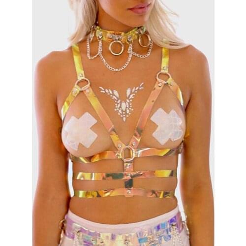 Gothic Holographic PVC Harness Choker Bra Garter Sexy Metal Chain Waist Belts Handcrafted Leather Harness Outfits Party Clubwear