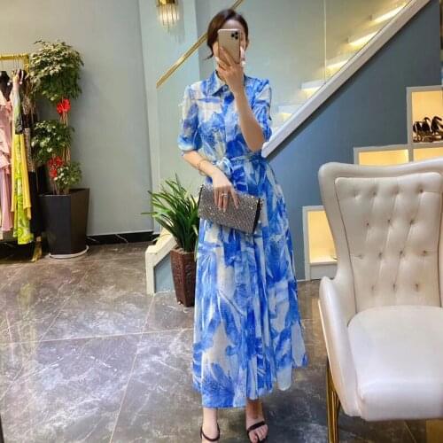 S-XL High Quality 2021 New Fashion Fishnet Printing Lace-Up Slim Single-Breasted Temperament Casual Woman Dress