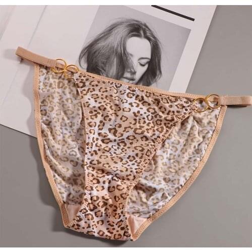 Sexy Leopard Print Thong Women Underwear Transparent Milk Silk Hollow Out Lace Patchwork Panties Seamless Low-Rise Thong