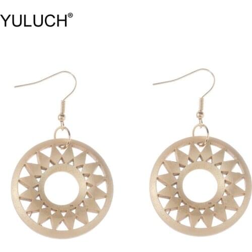 YULUCH Round Wooden Hollow Gear Fashion Drop Earrings 2019 Vintage Gold Chandelier Dangle Earrings For Women Girls Wedding Gifts