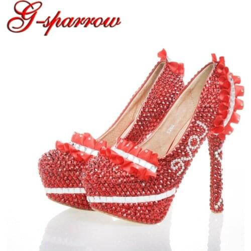 Marriage Wedding Shoes Red Rhinestone Princess Pumps Plus Size Dancing Party Shoes Adult Ceremony Prom Shoes Birthday Gift