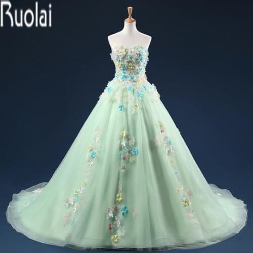 Light Green Colorful Tulle Flowers Applique Sweetheart Ball Gown Sweep Train Formal Long Prom Dresses For Wedding Party