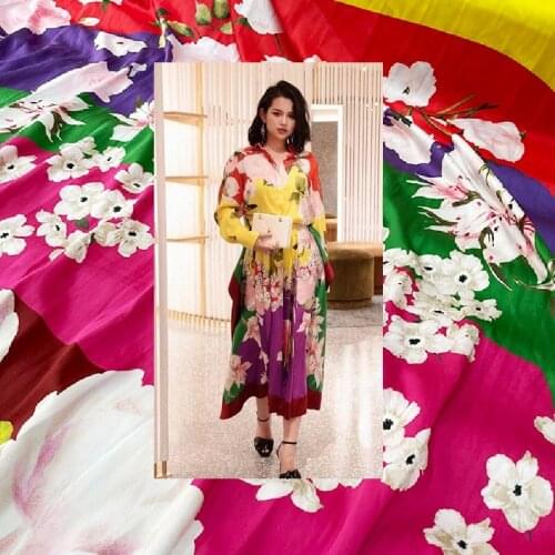 V Brand Color Matching Flowers Fashion Printing Dress Fabric Cloth Polyester Imitation Silk Stretch Satin Material Per Meter