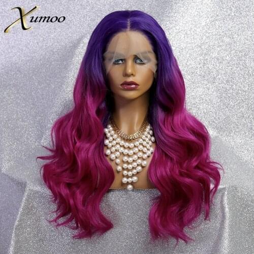 XUMOO Ombre Pink Synthetic Lace Front Wig High Temperature Fiber Long Wavy Purple Wig Glueless Cosplay Wigs For Black Women