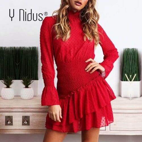 Y Nidus Polka Dot Mini Dresses Women 2019 Retro Elegant Autumn Spring Party Short Dress Elastic Waist Sundress femme Vestidos