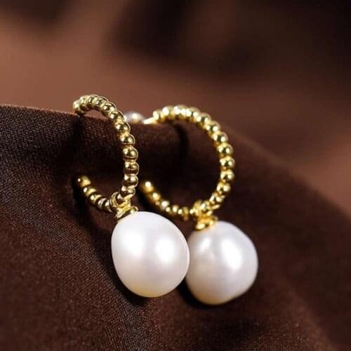 Pure S925 Silver Earrings Women 10mm Pearl Dangle Earrings Fashion Earrings Stamp S925