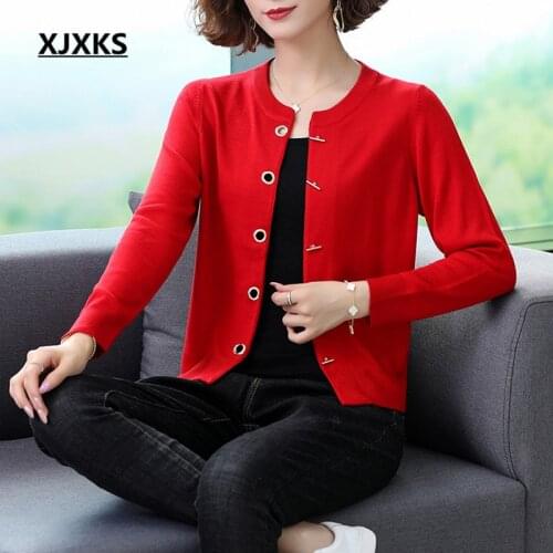 XJXKS Round neck long sleeve women sweater cardigan 2020 autumn new high-quality wool knitted cardigan women small coat