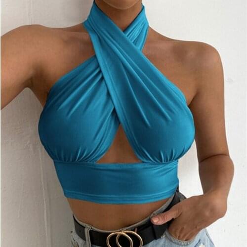 2021 Fashion Sexy Halter Crop Top Sleeveless Backless Women Tank Top Clubwear Streetwear Summer Lady Hollow Out Camis Tops