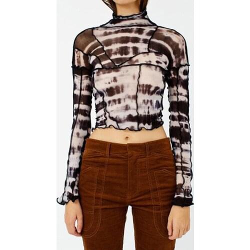 2021 spring summer black mesh patchwork crop tops women long sleeves sexy backless T-shirt fashion vintage stretch tees