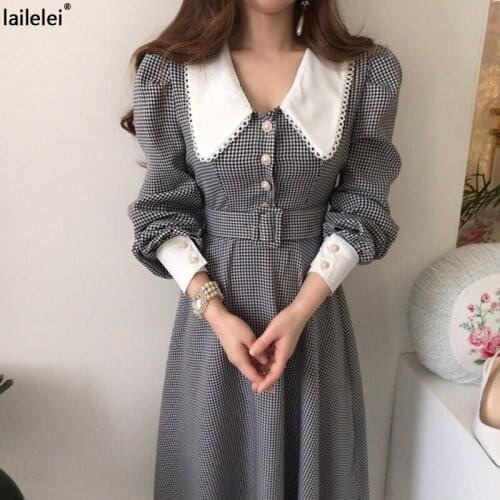 Plaid A-Line Vintage Dress Puff Long Sleeve Robe Femme Hiver 2021 Korean Dresses For Women Elegant Maxi Chic Fall Winter Vestido