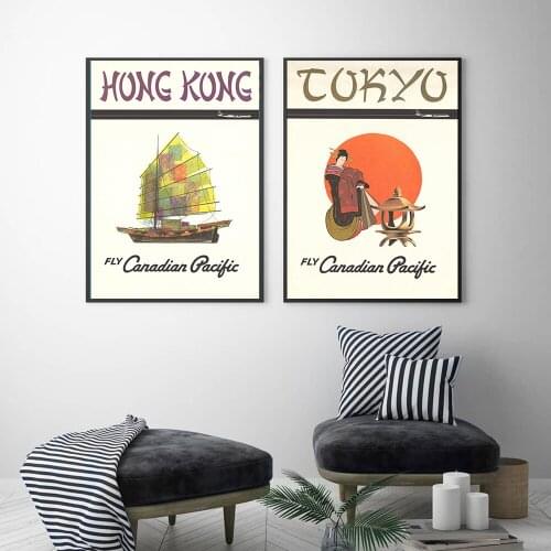Famous Travel Art Hong Kong Print Travel Poster Tokyo Vintage Canvas Painting Print Wall Art Pictures for Home interior Decor