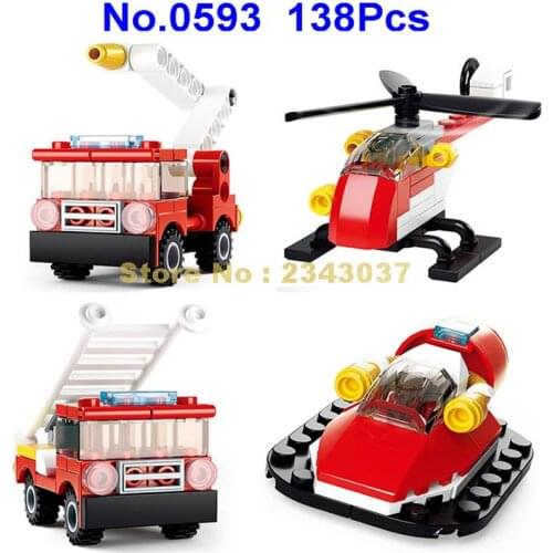 Sluban 0593 138pcs 4in1 Urban Fire Rescue Boat Helicopter Water Tower Ladder Truck Building Block Toy