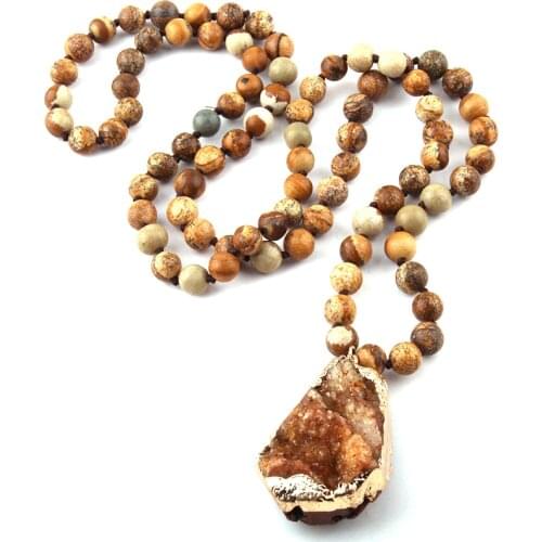 Free Shipping Fashion Long Knotted Brown Natural Stone Drop Pendant Necklaces
