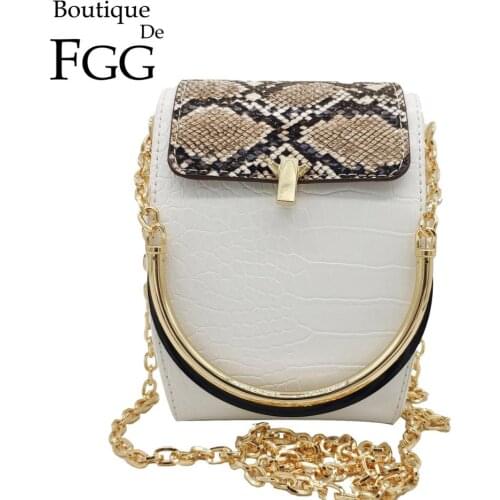 Boutique De FGG Faux PU Leather Snake-Skin Women Fashion Chain Shoulder Bags Top-Hanle Totes Handbags Crossbody Purses