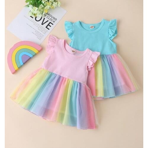 Toddler Baby Girls Sleeveless Multicolor Rainbow Ruffle Tulle Dress Clothes Short Sleeve Summer Casual Baby Girl Dress Outfits