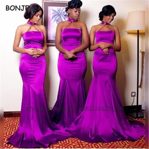 Purple Bridesmaid Dresses 2021 Mermaid Halter Floor Length Satin African Bridesmaid Dress Plus Size for Women Wedding