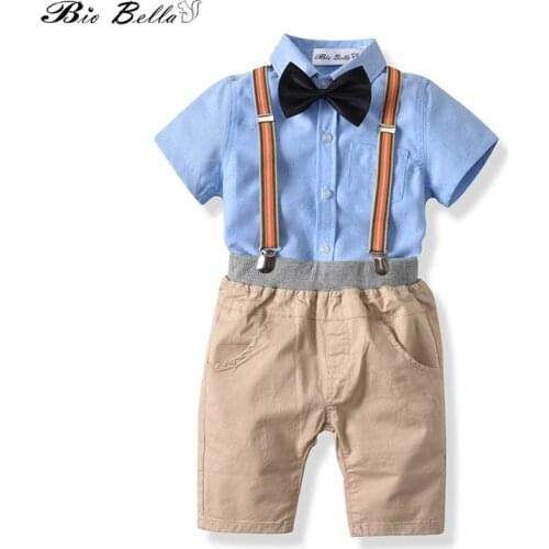 Little Boys Summer Outfits Solid Short Sleeve Shirts + Brown Suspender Shorts 2 Piece Gentleman Clothes Bow Decor Suit