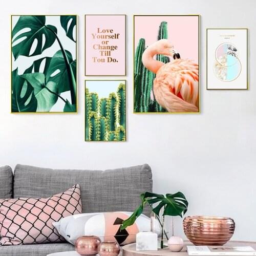 Leaf Plant Cactus Leaves Flamingo Minimalism Art Canvas Print Poster Painting Abstract Modern Wall Picture Home Decoration