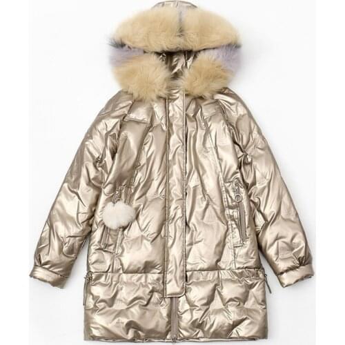 New Shiny Gold Down Cotton Padded Jacket Womens High Quality Middle Long Coats Korean Winter Thick Warm Coats Luxury Elegant