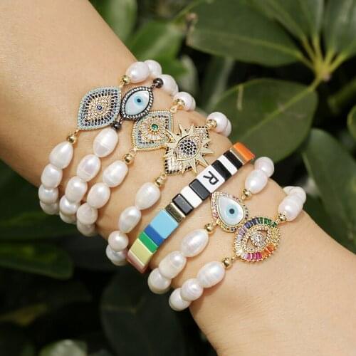 2021 New Arrival White Natural Freshwater Pearl Beads Gold Copper Zirconium Pave Various Shapes Jewelry Charm Women Bracelet