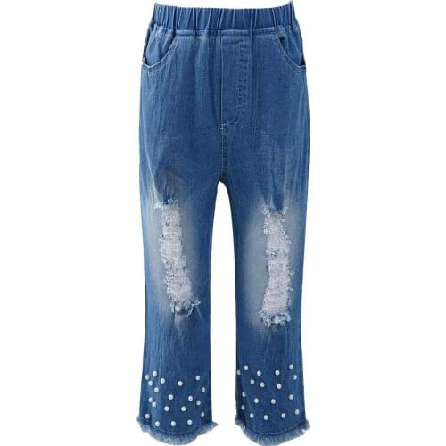 Autumn Pearl Ripped Denim Jeans for Girls Teenage Children Jeans Elastic Waist Denim Pants Kids Trousers for Girls Clothes 2-14T