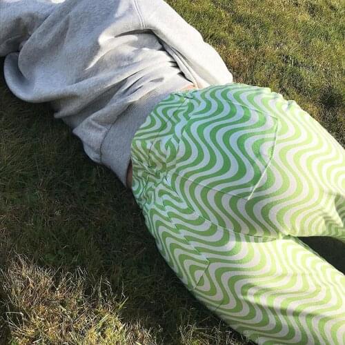 Wave Water Ripped Y2K Zebra Print Pants For Girls Loose Straight High Waist Capris Vintage Brown Green Casual Baggy Streetwear