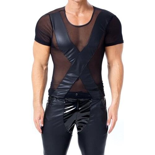 Man Sexy Lingerie Black Mesh See-through Seductive Wear Top Exotic Short Sleeves T-Shirt Party Pole Dancing Wear Multies Sizes