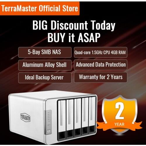 TerraMaster F5-422 10GbE NAS 5-Bay Network Storage Server Intel Quad-Core CPU with Hardware Encryption (Diskless)