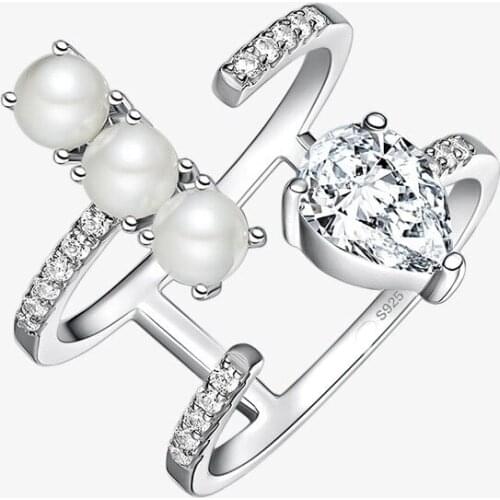 SOELLE Fashion Real 925 Sterling Silver Water Drop Double Circles Ring with Pearl Zircon Women Luxury Brand Fine Party Jewelry